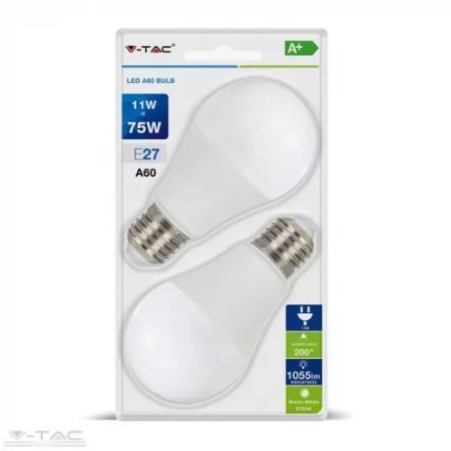 V-TAC 11W LED izzó E27 A60 6400K 2db/csomag (7299)