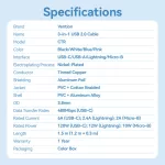 Vention USB-A 2.0/M -> USB-C/Lightning/Micro USB-B, 1,5m,(fekete,6A,3in1), kábel