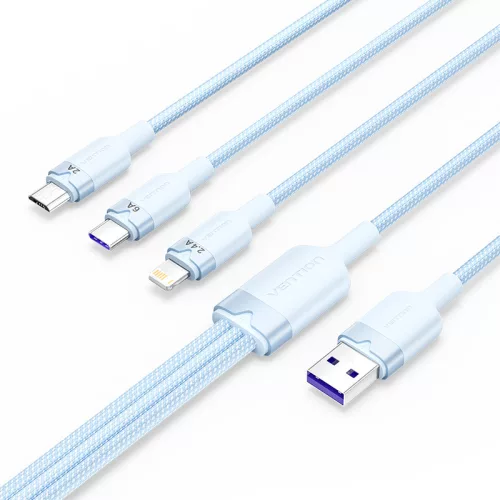 Vention USB-A 2.0/M -> USB-C/Lightning/Micro USB-B, 1,5m,(blue,6A,3in1), kábel