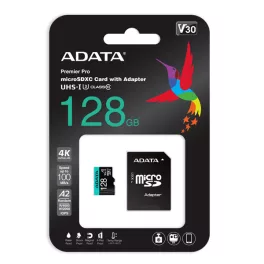   ADATA MicroSD kártya - 128GB microSDXC UHS-I U3 Class10 A2 V30S (R/W: 100/85 MB/s) + adapter