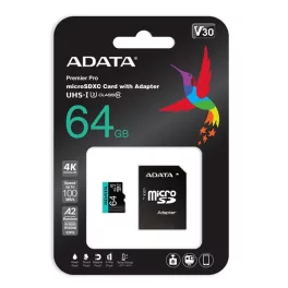   ADATA MicroSD kártya - 64GB microSDXC UHS-I U3 Class10 A2 V30S (R/W: 100/80 MB/s) + adapter