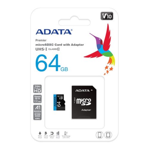 ADATA MicroSD kártya - 64GB microSDXC UHS-I Class10 A1 V10 (R/W: 100/25 MB/s) + adapter