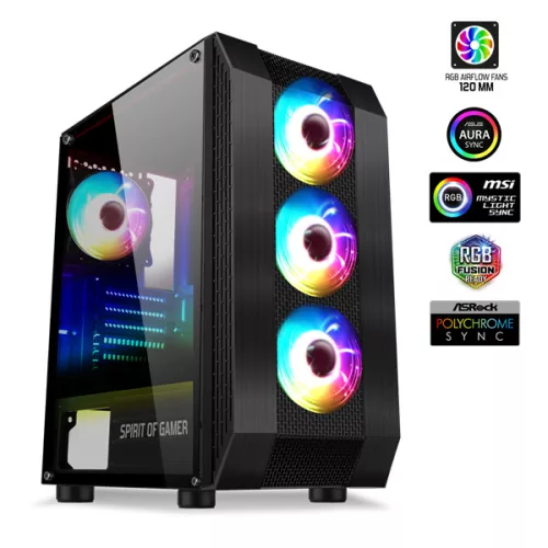 Spirit of Gamer Számítógépház - Rogue VI RGB (fekete, ablakos, 4x12cm ventilátor, alsó táp,  ATX, 1xUSB3.0, 2xUSB2.0)