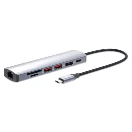   Manhattan USB HUB - USB-C PD 7-in-1 Type-C HDMI,  2db USB-A Ports, USB-C Power PD(100W), Gigabit RJ45 Port ésSD/microSD