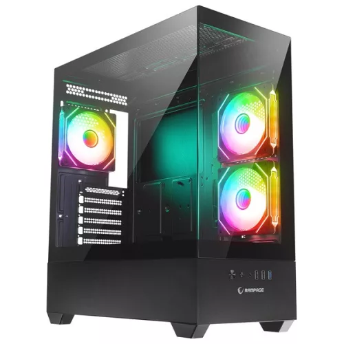 Rampage Számítógépház - CALIBRE (fekete; üveg; mATX; alsó táp; 3x120mm RGB, 1xUSB3.0 + 2xUSB2.0)