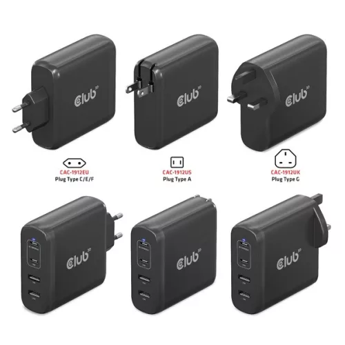 Club 3D Hálózati Adapter - CAC-1912EU (100W GaN, 2x USB-A, 2x USB-C, PD3.0, 4 csatlakozó)
