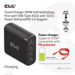 Club 3D Hálózati Adapter - CAC-1912EU (100W GaN, 2x USB-A, 2x USB-C, PD3.0, 4 csatlakozó)