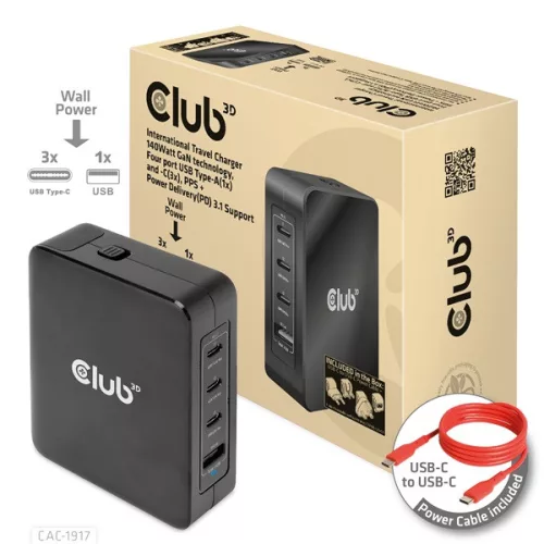 Club 3D Hálózati Adapter - CAC-1917 (140W GaN, 3x USB-C, 1x USB-A, PD3.1, 4 csatlakozó)