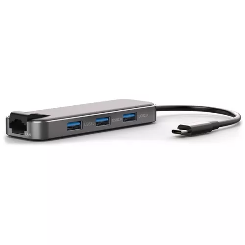 Bluestork USB Hub - HUB-OFFICE (USB-C to 3xUSB 2.0 port + 1xUSB-C + 1xHDMI + 1xRJ45, szürke)