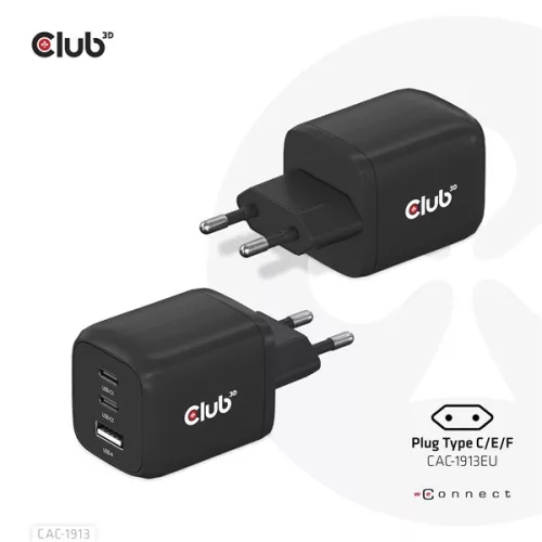Club 3D Hálózati Adapter - CAC-1913EU (65W GAN, Triple port 2xUSB-C 1xUSB-A PD 3.0)