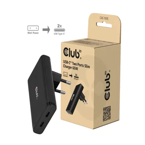 Club 3D Hálózati Adapter - CAC-1935 (65W 2xUSB-C, PD3.1, túltöltés védelem, kicsi méret, fekete)