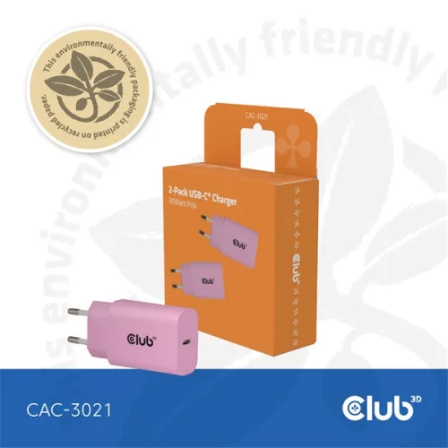 Club 3D Hálózati Adapter - CAC-3021 (2db/csomag, 30W USB-C, PD3.0, túltöltés védelem, kicsi méret, pink)