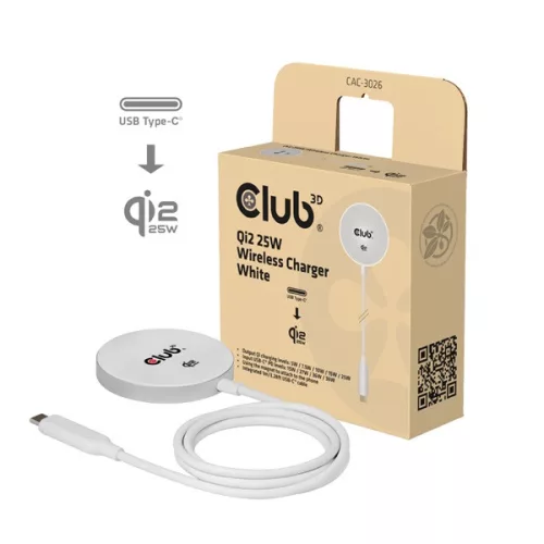 Club 3D Vezeték nélküli töltő - CAC-3026 (Qi2 25W Wireless, 1m, fehér)