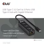 Club 3D USB Hub - CSV-1549 (3.2 USB-C Gen 1 to 3xUSB-A, RJ45,1Gbps)
