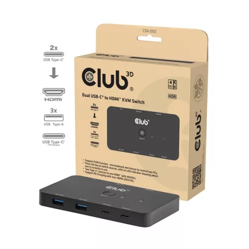 Club 3D KVM Switch - CSV-2512 (USB-C to 4xHDMI 4K60Hz, Alternate Mode, 5 Gbps, 100W)