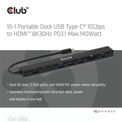 Club 3D USB Hub - CSV-2550 (USB-C to 3xUSB-C, 3xUSB-A, RJ45, SD/MicroSD, 140W PD, HDMI, 8K30hz)