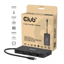   Club 3D USB Hub - CSV-2552 (USB-C to 2xUSB-C, 2xUSB-A, 2xHDMI, RJ45, SD/MicroSD, 100W PD, 4K60hz)