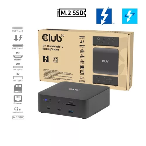 Club 3D Notebook Dokkoló - CSV-2562 (180W,Thunderbolt 5 to 2xHDMI, 2xUSB-C, 10Gbps, 2xUSB-A 5Gbps, 1x 10Gbps, 2.5G, M.2)