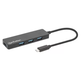   Manhattan USB HUB - 4db USB 3.0 Type-C Hub, USB-C Male to 4db USB-A Females, Fekete