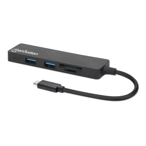 Manhattan USB HUB - 3db USB 3.0 Type-C + kártyaolvasó, SD/MicroSD, 5 Gbps, Fekete