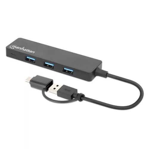 Manhattan USB HUB - 4db USB 3.0 Type-C / Type-A Combo Hub, USB-C Male és USB-A Male to 4 db USB-A Females, Fekete