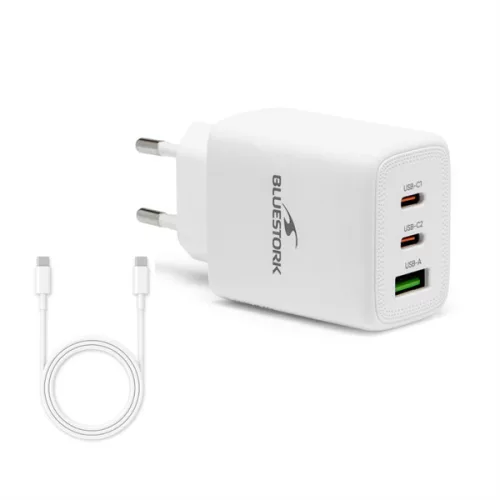 Bluestork Hálózati töltő - PW-65-CCA (2xUSB-C, USB-A, 65W, 2m kábel, fehér)