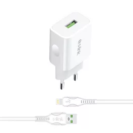   S-Link Hálózati töltő - AND-EC14B Lightning  (1db USB, 5V/1A, 5W, Lightning-USB 100cm adat+töltőkábel, fehér)