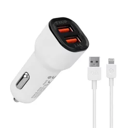   S-Link Autós töltő - SL-EC30L (2db USB, 5V/2.4A/3,4A, 17W, Lightning, 100cm adat+töltőkábel, fehér)