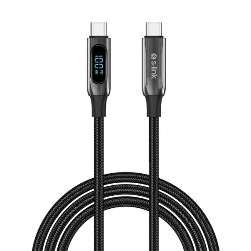S-Link kábel - LCC-0100 (LED kijelző, 100W, Gyorstöltés, Type-C to Type-C 100cm adat+töltőkábel, fekete, fonott)