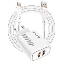   S-Link Hálózati töltő - SL-EC50 (2xUSB, 5V/2.4A, 12W, Gyorstöltés, Micro-USB 100cm adat+töltőkábel, fehér)