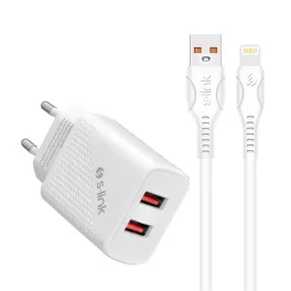   S-Link Hálózati töltő - SL-EC50L (2db USB, 5V/3A, 12W, Gyorstöltés, Lightning, 100cm adat+töltőkábel, fehér)