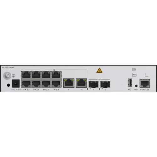 Huawei eKit Vezeték Nélküli Access Kontroller 10x1000Mbps + 2x10GE (SFP+) + 1konzol port, max 256 AP - AC650-256AP