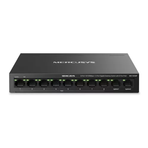 MERCUSYS Switch 8x100Mbps(8xPOE+) + 2xLAN(1000Mbps), Fémházas Asztali/Rackes, MS110CMP