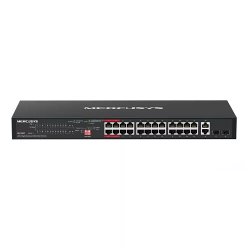 MERCUSYS Switch 28x1000Mbps(24xPOE+) + 2xSFP, Fémházas Asztali Rackes, MS128GP