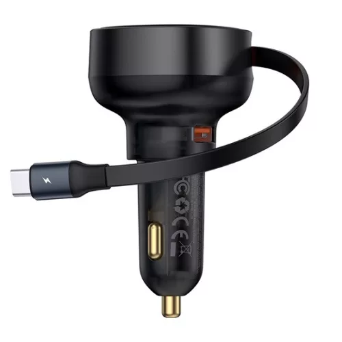 Baseus Enjoyment Pro autós gyorstöltő 60W, USB Type-A + USB Type-C automata behúzós kábel, fekete