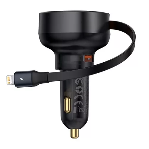 Baseus Enjoyment Pro autós gyorstöltő 55W, USB Type-A + iPhone automata behúzós kábel, fekete