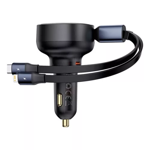 Baseus Enjoyment Pro autós gyorstöltő 60W, USB Type-C + USB Type-C/iPhone automata behúzós kábel, fekete