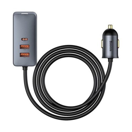 Baseus Share Together PPS autós gyorstöltő 120W, 3×USB Type-A + USB Type-C, beépített kábel, 1,5 m, szürke