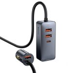 Baseus Share Together PPS autós gyorstöltő 120W, 3×USB Type-A + USB Type-C, beépített kábel, 1,5 m, szürke