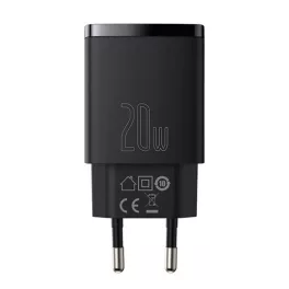  Baseus Compact hálózati gyorstöltő 20W, USB Type-A + USB Type-C, fekete