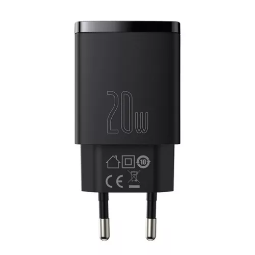 Baseus Compact hálózati gyorstöltő 20W, USB Type-A + USB Type-C, fekete
