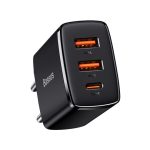 Baseus Compact hálózati gyorstöltő 30W, 2×USB Type-A + USB Type-C, fekete