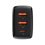 Baseus Compact hálózati gyorstöltő 30W, 2×USB Type-A + USB Type-C, fekete