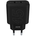 AVAX CH602B SPEEDY+ 2x Type C  (PD) 45W gyors hálózati töltő, fekete