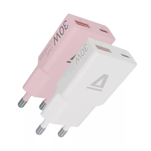 AVAX CH6412 NANO GaN USB-A + USB-C 30W hálózati gyorstöltő duo szett, fehér és rózsaszín