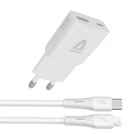   AVAX CH6414 NANO GaN USB-A + USB-C 30W hálózati gyorstöltő, fehér + 27W USBC–Lightning töltőkábel 1.5m