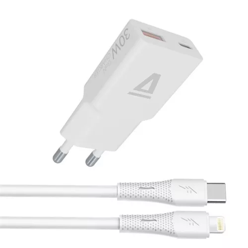 AVAX CH6414 NANO GaN USB-A + USB-C 30W hálózati gyorstöltő, fehér + 27W USBC–Lightning töltőkábel 1.5m