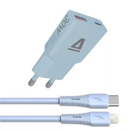   AVAX CH6416 NANO GaN USB-A + USB-C 30W hálózati gyorstöltő, világoskék + 27W USBC–Lightning töltőkábel 1.5m