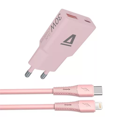 AVAX CH6418 NANO GaN USB-A + USB-C 30W hálózati gyorstöltő, rózsaszín + 27W USBC–Lightning töltőkábel 1.5m