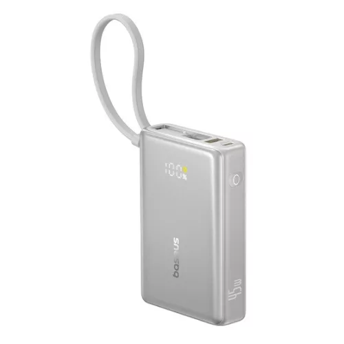 Baseus PicoGo gyorstöltő powerbank 10000 mAh, 45W, beépített USB Type-C kábel, ezüst